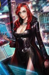 1girl breasts cleavage computer dress glasses jewelry looking_at_viewer marvel necklace office red_hair side_slit solo victoria_hand window  rating:Sensitive score:30 user:polycount