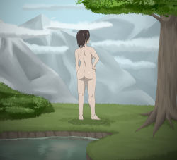  absurdres ass bathing breasts brown_hair bush cloud dmiller69_(artist) feet from_behind full_body gluteal_fold grass hand_on_own_hip highres legs lydia_(skyrim) mountain outdoors pond puddle shiny_skin the_elder_scrolls the_elder_scrolls_v:_skyrim tree water wet  rating:Questionable score:11 user:dmiller22