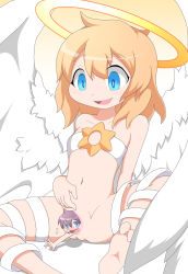  1boy 1girl angel artist_request blonde_hair blue_eyes bottomless highres loli lucifina_(mon-musu_quest!) luka_(mon-musu_quest!) mon-musu_quest! monster_girl pussy size_difference tagme unbirthing  rating:Explicit score:72 user:macsoxxx