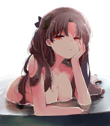 1girl azumi_(myameco) black_ribbon breasts brown_hair collarbone commentary_request completely_nude fate/grand_order fate_(series) hair_ribbon hand_on_own_cheek hand_on_own_face ishtar_(fate) long_hair looking_at_viewer medium_breasts nude parted_lips partially_submerged red_eyes ribbon simple_background solo wet wet_hair white_background rating:Questionable score:49 user:danbooru