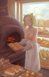 1girl animal_ears apron bakery bare_shoulders bigrbear bread breasts cake cat_ears cat_girl collarbone food gloves green_hair grey_gloves hair_ornament hairclip highres holding indoors looking_at_viewer medium_breasts naked_apron nipples original pink_eyes shop short_hair solo standing white_apron rating:Questionable score:200 user:danbooru
