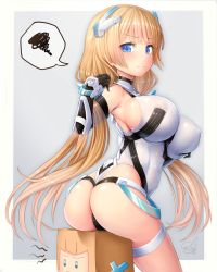 1girl angela_balzac ass bare_shoulders black_gloves blonde_hair blue_eyes blunt_bangs blush border breast_hold breasts cameltoe chibi closed_mouth commentary_request covered_erect_nipples doyouwantto elbow_gloves from_side frown gloves grey_background hand_up headgear highleg highres impossible_clothes impossible_leotard large_breasts leotard long_hair looking_at_viewer looking_to_the_side low_twintails outside_border rakuen_tsuihou shiny_clothes shiny_skin sideboob sidelocks signature sitting solo spoken_squiggle squiggle sweatdrop thigh_strap thong_leotard twintails twisted_torso very_long_hair white_border white_leotard rating:Questionable score:68 user:danbooru