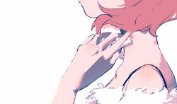  1girl amaimono_yu bare_shoulders brown_hair choker close-up collarbone from_side fur-trimmed_sweater fur_trim hickey holding neck official_alternate_costume persona persona_3 persona_3_reload short_hair solo spaghetti_strap sweater takeba_yukari upper_body white_background white_choker 