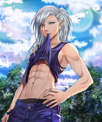  1girl abs armpits blue_eyes blue_sky braid clothes_in_mouth cloud cloudy_sky dripping elvira_(gumbat) from_below god_eater grey_hair gumbat highres light_particles mouth_hold muscular muscular_female navel original ponytail purple_shorts purple_tank_top shirt_in_mouth shorts signature sky sweat nervous_sweating tank_top tree wet  rating:Sensitive score:39 user:danbooru