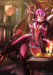 1girl animal_hands blush book book_stack bookshelf breasts candle center_opening chair claws closed_eyes crossed_legs dragon_girl drooling extra_mouth extra_tongue feathers highres horns jabberwock_(monster_girl_encyclopedia) large_breasts long_hair magic_circle monster_girl monster_girl_encyclopedia navel open_book open_mouth purple_hair purple_thighhighs sitting sleeping solo sud_(sudea) tentacles thighhighs tongue wings rating:Sensitive score:27 user:danbooru