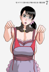 1girl apron bikini bikini_top_only black_hair bra breasts cattleya_(queen&#039;s_blade) cleavage female_focus flower glasses hair_ornament head_tilt holding holding_bikini holding_bikini_top housewife large_breasts lingerie mature_female no_bra open_mouth ponytail queen&#039;s_blade red_bikini red_bra short_hair sideboob simple_background solo sweat swimsuit translation_request underwear upper_body white_background x_bokkis rating:Sensitive score:17 user:SevenForce