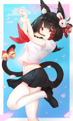  1girl animal_ear_fluff animal_ears arms_up artist_name azur_lane bell black_footwear black_hair black_skirt blue_background blush bow bread bread_slice breasts cat_ears cat_tail falling_petals fishofthelakes food food_in_mouth fox_mask highres leg_up loafers looking_at_viewer mask mask_on_head midriff mismatched_eyebrows mouth_hold navel necktie outside_border paw_pose petals pleated_skirt red_bow red_eyes red_necktie school_uniform shoes short_sleeves skirt solo tail tail_bell tail_bow tail_ornament thighhighs toast toast_in_mouth white_thighhighs yamashiro_(azur_lane) 