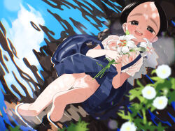  1girl absurdres bar_censor black_eyes black_hair blush braid censored cleft_of_venus flower forehead highres holding holding_flower lily_(flower) loli long_hair looking_at_viewer lying nipples no_panties non-web_source on_back open_mouth original partially_submerged pussy ronna see-through shirt skirt solo suspender_skirt suspenders suspenders_slip thick_eyebrows thigh_gap twin_braids water wet wet_clothes white_shirt 