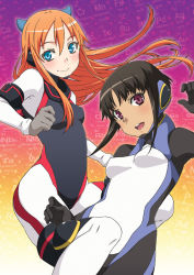  00s 2girls :d ally_connolly black_hair blue_eyes blush bob_cut bodysuit breasts chiara_ferina clenched_hand dark-skinned_female dark_skin ear_covers element_hunters floating_hair gloves gradient_background hand_up kuroo_(project_apricot) long_hair looking_at_viewer multiple_girls open_mouth orange_hair outline purple_eyes raglan_sleeves red_eyes red_hair short_hair short_hair_with_long_locks sidelocks small_breasts smile 