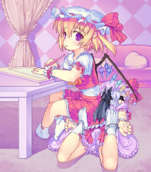 2girls ascot bat_wings bdsm belt blindfold blonde_hair blouse blush bondage bound child couch crossed_legs cuffed cuffs curtains feet female_focus flandre_scarlet floor frilled_skirt frills handcuffs hat hat_ribbon heart holding legs_folded light_purple_hair looking_at_viewer lying multiple_girls nukaji_(kuromahou_kenkyuujo) on_stomach open_mouth paper pen pillow puffy_sleeves purple_eyes red_eyes remilia_scarlet restrained ribbon shirt short_hair short_sleeves siblings side_ponytail sisters sitting sitting_on_person skirt skirt_set socks table touhou vest wall white_legwear wings wrist_cuffs wrists_to_ankles rating:Sensitive score:33 user:danbooru