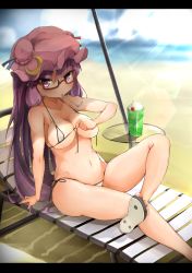  1girl absurdres arm_support bare_legs beach bendy_straw bespectacled bikini blurry breasts chair cleavage collarbone day depth_of_field drink drinking_straw flanvia food front-tie_bikini_top front-tie_top glasses hat highres ice_cream leg_up letterboxed long_hair looking_at_viewer lounge_chair medium_breasts micro_bikini mouth_hold navel outdoors patchouli_knowledge purple_eyes purple_hair red-framed_eyewear sandals shoe_soles side-tie_bikini_bottom skindentation solo strap_gap sunlight swimsuit touhou untied_bikini very_long_hair  rating:Questionable score:21 user:danbooru