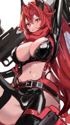 1girl black_gloves blush breasts chaps cleavage crop_top cropped_jacket fingerless_gloves gloves goddess_of_victory:_nikke grin hair_between_eyes headgear holding holding_weapon horns jacket large_breasts leather leather_jacket long_hair looking_at_viewer mechanical_horns midriff navel orange_eyes red_hair red_hood_(nikke) red_scarf scarf smile solo unzipped very_long_hair weapon wj92957 zipper 