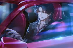  1boy awkn black_hair blade_(honkai:_star_rail) car closed_mouth collared_shirt driving earrings formal honkai:_star_rail honkai_(series) jewelry long_hair looking_at_viewer male_focus motor_vehicle necktie red_eyes red_necktie seatbelt shirt solo suit white_shirt 