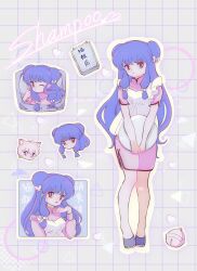 absurdres breasts cat circle double_bun en_0410 full_body hair_bun heart highres medium_breasts one_eye_closed open_mouth purple_footwear purple_hair ranma_1/2 red_eyes retro_artstyle shampoo_(cat) shampoo_(ranma_1/2) smile standing television translation_request variations