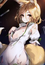 1girl absurdres animal_ear_fluff animal_ears black_background blonde_hair bow closed_mouth covered_navel flat_chest fox_ears fox_girl fox_tail green_bow hair_between_eyes hand_up highres ke-ta kudamaki_tsukasa looking_at_viewer nipples open_clothes puffy_short_sleeves puffy_sleeves romper short_hair short_sleeves simple_background solo standing tail test_tube torn_clothes touhou white_romper yellow_eyes rating:Questionable score:80 user:danbooru