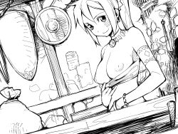 1girl armband atlus bandeau bikini bikini_pull bracelet breasts choker clothes_pull earrings etrian_odyssey exhibitionism facial_mark greyscale highres hoop_earrings jewelry large_breasts monochrome naughty_face necklace nipples ponytail presenting public_indecency puffy_nipples pulling_own_clothes sack shield shilleka sketch smile solo strapless swimsuit top_pull tube_top yurikawa