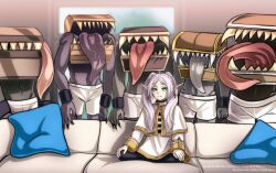  1girl absurdres couch elf frieren highres mimic mimic_chest piper_perri_surrounded_(meme) pointy_ears sousou_no_frieren  rating:Sensitive score:23 user:Dark_Tzitzimine