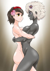  2girls absurdres afro angry ass bearhug breast_fight breast_press breasts catfight crossover dark-skinned_female dark_skin eye_contact fighting grasshopper_manufacture highres hug large_breasts looking_at_another momohime multiple_girls muscular muscular_female no_more_heroes nude oboro_muramasa shinobu_jacobs sweat symmetrical_docking vanillaware very_dark_skin white_hair wrestling yuri  rating:Explicit score:24 user:ei952