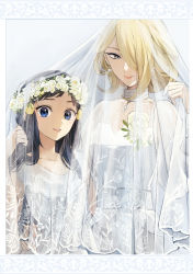  2girls age_difference arm_around_waist bad_id bad_pixiv_id black_hair blonde_hair blue_eyes bridal_veil bride child_bride creatures_(company) cynthia_(pokemon) dawn_(pokemon) dress earrings flower flower_wreath game_freak grey_eyes hair_over_one_eye hand_on_another&#039;s_hip head_wreath highres jewelry lace_trim looking_at_viewer multiple_girls nintendo open_mouth parted_lips pokemon pokemon_dppt simple_background size_difference smile tareme tsurime upper_body veil wedding_dress wife_and_wife yellow_eyes yukin_(es) yuri  rating:Sensitive score:83 user:danbooru