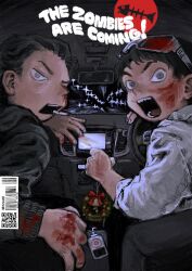 2boys barcode black_hair blood blood_on_cheek blood_on_hands car_interior cigarette cover driving from_behind goggles goggles_on_head grey_eyes highres magazine_cover male_focus mettaflix multiple_boys open_mouth original qr_code shirt title