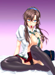 00s 1girl bed black_panties black_thighhighs blue_eyes breasts brown_hair condom condom_in_mouth evangelion:_2.0_you_can_(not)_advance glasses highres legs long_hair makinami_mari_illustrious mouth_hold neon_genesis_evangelion open_clothes open_shirt panties pantyshot rebuild_of_evangelion school_uniform shirt simple_background sitting solo swimmer? thighhighs twintails underwear rating:Questionable score:47 user:danbooru