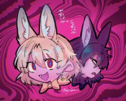  2girls animal_ear_fluff animal_ears bad_id bad_twitter_id blonde_hair character_request distortion extra_ears fang glaring inactive_account jmeysan kemono_friends looking_at_viewer multiple_girls open_mouth pink_background portrait profile red_eyes serval_(kemono_friends) short_hair skin_fang smile translation_request 