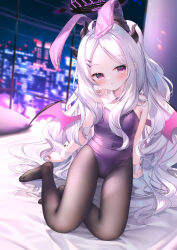  1girl absurdres bed_sheet black_horns black_pantyhose blue_archive blush chen_bin demon_horns demon_wings detached_collar flat_chest halo highres hina_(blue_archive) horns leotard long_hair looking_at_viewer multiple_horns pantyhose parted_bangs parted_lips purple_eyes purple_leotard solo very_long_hair white_hair wings wrist_cuffs 