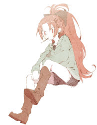  1girl black_bow black_shorts boots bow brown_footwear candy food forehead frilled_shorts frills green_hoodie hair_bow high_ponytail hood hoodie long_hair long_sleeves looking_to_the_side mahou_shoujo_madoka_magica mouth_hold parted_bangs pocky ponytail red_eyes red_hair sakura_kyoko shorts simple_background solo white_background  rating:Sensitive score:4 user:ihato