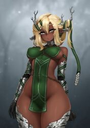  1girl antlers barbariank bare_shoulders black_gloves blonde_hair breast_bondage breasts commentary covered_erect_nipples cowboy_shot dark-skinned_female dark_skin dryad elbow_gloves english_commentary eyes_visible_through_hair freckles gloves green_eyes green_ribbon hair_between_eyes hair_ribbon highres horns large_breasts long_hair long_pointy_ears monster_girl original pelvic_curtain plant_girl pointy_ears revealing_clothes ribbon rope solo symbol-shaped_pupils thick_eyebrows thick_thighs thighs wide_hips  rating:Sensitive score:26 user:danbooru
