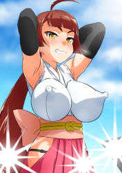  1girl armpits arms_behind_head breasts character_request covered_erect_nipples ha_ku_ronofu_jin highres huge_breasts japanese_clothes kimono long_hair outdoors smile solo sweat tagme  rating:Questionable score:42 user:a9734327