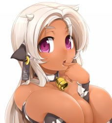 1girl animal_ears animal_print bell breast_press breasts cleavage collar cow_ears cow_girl cow_print cowbell dark-skinned_female dark_skin deep_skin face finger_in_own_mouth highres horns huge_breasts long_hair neck_bell original potion_(moudamepo) purple_eyes solo white_hair rating:Questionable score:62 user:danbooru