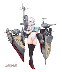  1girl absurdres black_skirt black_thighhighs blue_eyes blush breasts chenche-jun coat_of_arms gloves hair_between_eyes high_heels highleg highleg_leotard highres large_breasts leotard light_smile long_bangs long_hair looking_at_viewer medal military_uniform monocle official_art red_footwear rigging schleswig-holstein_(warship_girls_r) shiny_clothes shiny_legwear shiny_skin simple_background skindentation skirt smile solo tablet_pc thighhighs uniform warship_girls_r white_background white_gloves white_hair white_leotard 