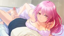 1girl bed blush bottomless breast_press breasts censored cleavage covered_erect_nipples eyebrows_hidden_by_hair game_cg handjob indoors kanou_mizuho_(love_cafe) large_breasts legs long_hair looking_at_viewer love_cafe:_doutei_na_ore_demo,_kyonyuu_onna_senpai_to_dousei_dekirutte_maji_desu_ka? lying lying_on_person mosaic_censoring on_bed on_stomach original penis pink_hair pov ppp_room red_eyes thighs rating:Explicit score:7 user:Ynyswydryn