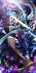  1girl arm_guards armor ayaka_(genshin_impact) blue_eyes blue_hair blunt_bangs blunt_tresses breastplate flower genshin_impact gloves glowing glowing_sword glowing_weapon hair_ribbon highres japanese_armor leaf liang_xing light_blue_hair long_hair mole mole_under_eye night official_art partially_fingerless_gloves ponytail ribbon solo tress_ribbon weapon 
