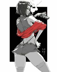  1girl artist_logo bare_shoulders black_background border cigarette commentary cowboy_bebop cre.o.n crop_top faye_valentine greyscale gun hand_on_own_hip handgun highres holding holding_gun holding_weapon looking_to_the_side midriff monochrome nail_polish outside_border profile red_nails revolver short_hair shorts simple_background smoke smoking solo spot_color suspender_shorts suspenders thighhighs watermark weapon web_address 