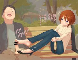 1boy 1girl barefoot bench blue_eyes blush brown_hair censored cum cum_on_body cum_on_lower_body closed_eyes feet footjob medium_hair open_mouth penis shoejob shoes unworn_shoes sitting soles toes translated rating:Explicit score:127 user:ssfl