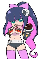  1girl bad_id bad_pixiv_id bikini bikini_top_only blue_eyes blue_hair bow cake cherry colored_inner_hair company_connection cosplay eating food fruit gainax hair_bow matching_hair/eyes meiro_(yuu) midriff multicolored_hair navel official_style panty_&amp;_stocking_with_garterbelt ponytail short_shorts shorts simple_background solo stocking_(psg) swimsuit tengen_toppa_gurren_lagann thighhighs yoko_littner yoko_littner_(cosplay)  rating:Sensitive score:42 user:danbooru