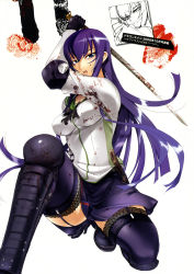 1girl absurdres black_thighhighs blood blood_on_clothes blood_on_face blue_eyes busujima_saeko female_focus garter_straps gauntlets highres highschool_of_the_dead katana kneeling lace lace-trimmed_legwear lace_trim long_hair looking_at_viewer miniskirt official_art on_one_knee open_mouth purple_hair satou_shouji school_uniform serafuku shin_guards skirt solo sword thighhighs weapon rating:Questionable score:43 user:arutos
