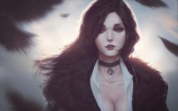  1girl artist_name black_hair black_neckwear breasts choker cleavage collarbone hair_over_one_eye highres jewelry large_breasts lips long_hair mole mole_under_mouth parted_lips pendant pentagram purple_eyes raikoart red_lips revision solo the_witcher_(series) the_witcher_3 upper_body wallpaper wing_collar yennefer yennefer_of_vengerberg  rating:Sensitive score:30 user:danbooru