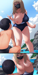  1boy 1girl absurdres age_difference breasts cleavage highres huge_breasts large_breasts onee-shota pink_ocean shota smile swimsuit 