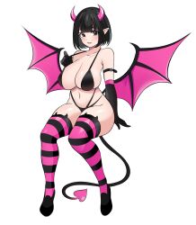  1girl absurdres arm_belt azmi_yudista bare_shoulders belt bikini black_belt black_bikini black_eyes black_gloves black_hair black_tail black_thighhighs black_wings blush bob_cut breasts cleavage collarbone commentary commission demon_girl demon_horns demon_tail demon_wings elbow_gloves full_body gloves gradient_tail highres horns huge_breasts large_breasts light_smile lips looking_at_viewer medium_hair mole mole_above_mouth navel original pink_horns pink_tail pink_thighhighs pink_wings pointy_ears pulled_by_self simple_background solo stomach strap_pull striped_clothes striped_thighhighs swimsuit tail thighhighs thighs two-tone_tail two-tone_thighhighs two-tone_wings white_background wings 