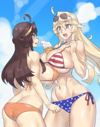 10s 2girls abs ahoge american_flag_bikini american_flag_print ass asymmetrical_docking between_breasts bikini blonde_hair blue_eyes blush breast_press breasts brown_hair butt_crack collarbone covered_erect_nipples day double_bun flag_print food hair_bun headband height_difference huge_breasts ice_cream ice_cream_cone iowa_(kancolle) kantai_collection kongou_(kancolle) large_breasts long_hair looking_at_another melting mismatched_bikini mizuumi_(bb) multiple_girls navel open_mouth orange_bikini outdoors panties print_bikini purple_eyes side-tie_panties star-shaped_pupils star_(symbol) sunglasses swimsuit symbol-shaped_pupils underwear rating:Questionable score:70 user:danbooru