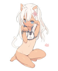 10s 1girl animal_ears barefoot blade_(galaxist) blue_eyes blush bottomless cat_ears cat_tail crop_top flower hair_between_eyes hair_flower hair_ornament kantai_collection kemonomimi_mode loli long_hair looking_at_viewer navel one-piece_tan paw_pose ro-500_(kancolle) sailor_collar school_uniform serafuku shiny_skin simple_background solo tail tan tanline white_background rating:Questionable score:28 user:danbooru