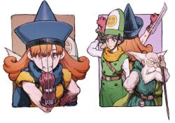 1girl 2boys alena_(dq4) arms_up beard belt blue_hat border brey buttons claw_(weapon) clift closed_mouth commentary_request dragon_quest dragon_quest_iv facial_hair gloves green_hat grin hat highres holding holding_staff iwamoto_tatsurou mitre multiple_boys old old_man orange_eyes orange_hair outside_border red_gloves smile staff sword teeth weapon weapon_on_back white_border white_hair witch_hat 