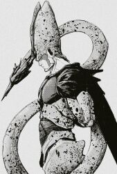  1boy alien amputee cell_(dragon_ball) cowboy_shot dragon_ball dragonball_z from_side greyscale highres male_focus monochrome monster_boy muscular muscular_male pedro_renji perfect_cell profile reptile_boy serious simple_background solo standing tail_raised 