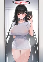  1girl :o absurdres arm_behind_back black_hair blue_archive blush breasts cellphone collarbone fingernails full-length_mirror halo highres holding holding_phone large_breasts long_hair looking_at_viewer meme mijikayo mirror nail_polish no_bra no_pants pajamas_challenge_(meme) phone red_eyes reflection rio_(blue_archive) selfie shirt solo straight_hair very_long_hair white_shirt  rating:Questionable score:27 user:danbooru