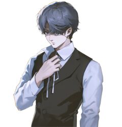 1boy black_vest closed_mouth commentary daan_(fear_&amp;_hunger) das_elend eyepatch fear_&amp;_hunger fear_&amp;_hunger_2:_termina grey_eyes grey_hair hand_on_own_chest long_sleeves male_focus medical_eyepatch neck_ribbon official_style persona persona_5 ribbon shirt simple_background solo upper_body vest white_background white_ribbon white_shirt