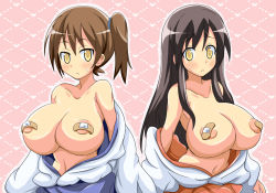  10s 2girls akagi_(kancolle) bandaid bare_shoulders black_hair blush breasts brown_hair collarbone embarrassed female_focus frown huge_breasts japanese_clothes kaga_(kancolle) kantai_collection lee_(monsterheart) long_hair looking_at_viewer multiple_girls navel puffy_nipples side_ponytail standing teardrop topless undressing upper_body yellow_eyes 