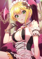 1girl arm_garter black_gloves blonde_hair blush breasts chocolate cleavage collar corset demon_wings frilled_collar frills gloves green_eyes hair_between_eyes hair_ornament head_wings heart heart_hair_ornament highres idolmaster idolmaster_cinderella_girls jewelry lace_trim large_breasts lips looking_at_viewer maid_headdress miyamoto_frederica parted_lips pink_wings short_hair sleeveless solo sutoroa wings rating:Sensitive score:18 user:danbooru