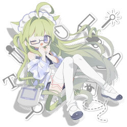  1girl ahoge animal_ears apron bare_shoulders blue_choker blue_eyes cable cat_ears cat_girl cat_tail choker daizu_(melon-lemon) drawing_tablet full_body glasses green_hair hair_intakes hands_up highres holding holding_stylus icon_(computing) knees_together_feet_apart long_hair looking_at_viewer maid_headdress off_shoulder one_eye_closed open_clothes open_mouth open_shirt original own_hands_together semi-rimless_eyewear shoes sitting solo stylus swimsuit swimsuit_under_clothes tail thighhighs under-rim_eyewear uwabaki very_long_hair vibrator_cord waist_apron white_footwear white_thighhighs 